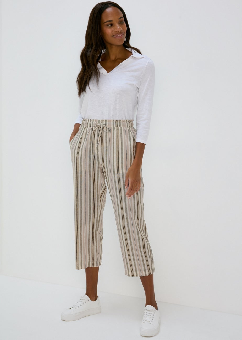 Khaki Stripe Tapered Cropped Linen Trousers