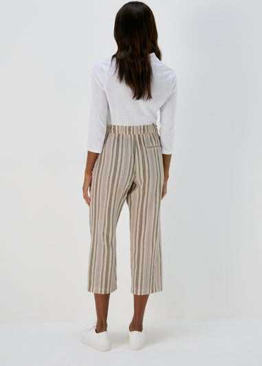 Khaki Stripe Tapered Cropped Linen Trousers
