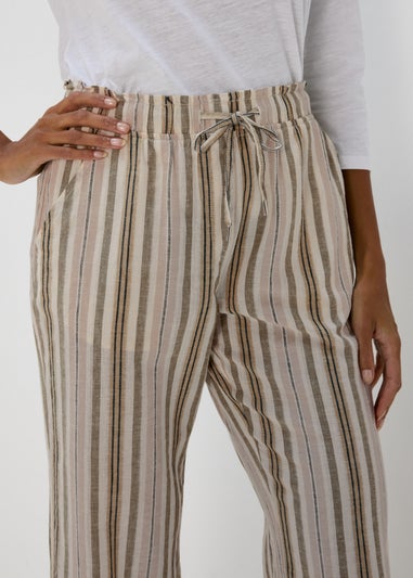 Khaki Stripe Tapered Cropped Linen Trousers