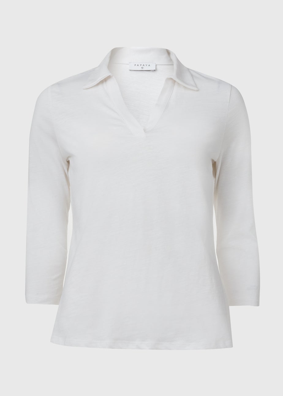 Papaya White 3/4 Sleeve Polo Top