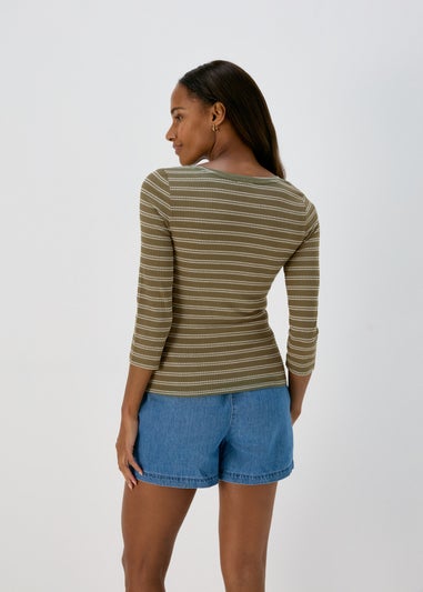 Papaya Khaki 3/4 Sleeve Stripe T-Shirt
