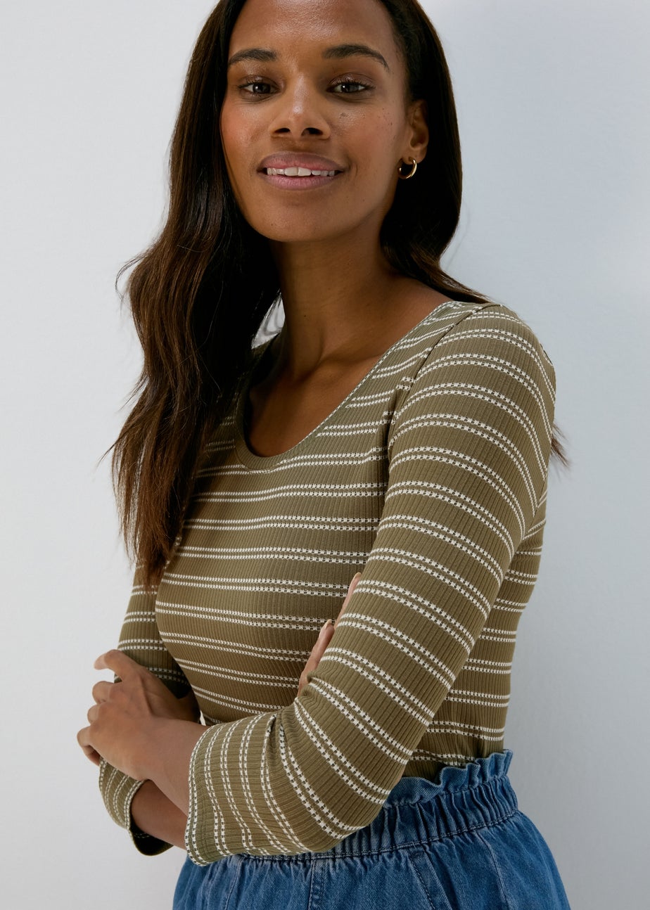 Papaya Khaki 3/4 Sleeve Stripe T-Shirt