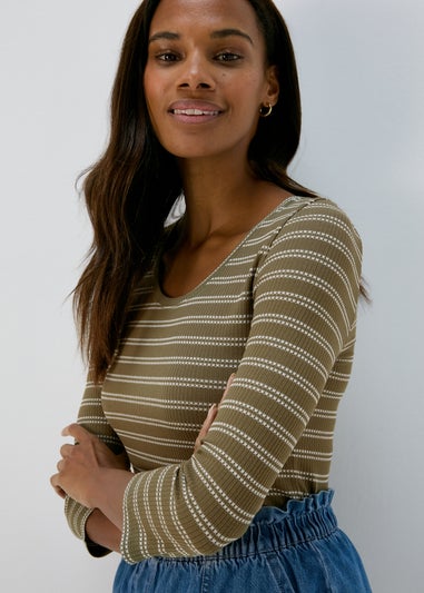 Papaya Khaki 3/4 Sleeve Stripe T-Shirt