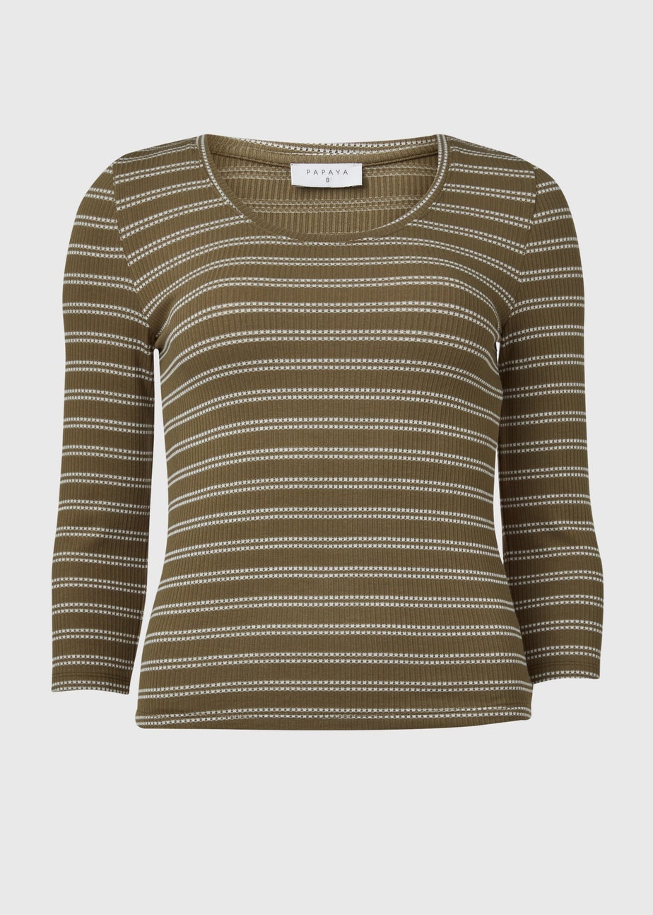 Papaya Khaki 3/4 Sleeve Stripe T-Shirt