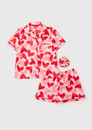 Girls Pink Satin Hearts Shorts Pyjama Set (4-12yrs)