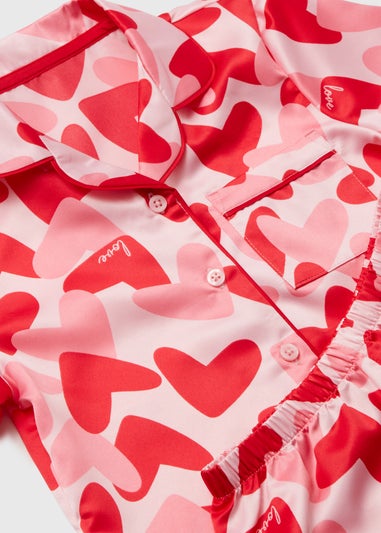Girls Pink Satin Hearts Shorts Pyjama Set (4-12yrs)
