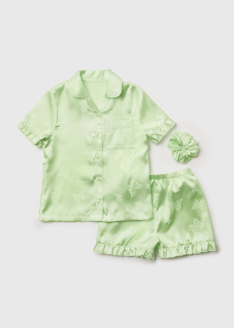Girls Lime Jacquard Butterfly Satin Shorts Pyjama Set (4-13yrs