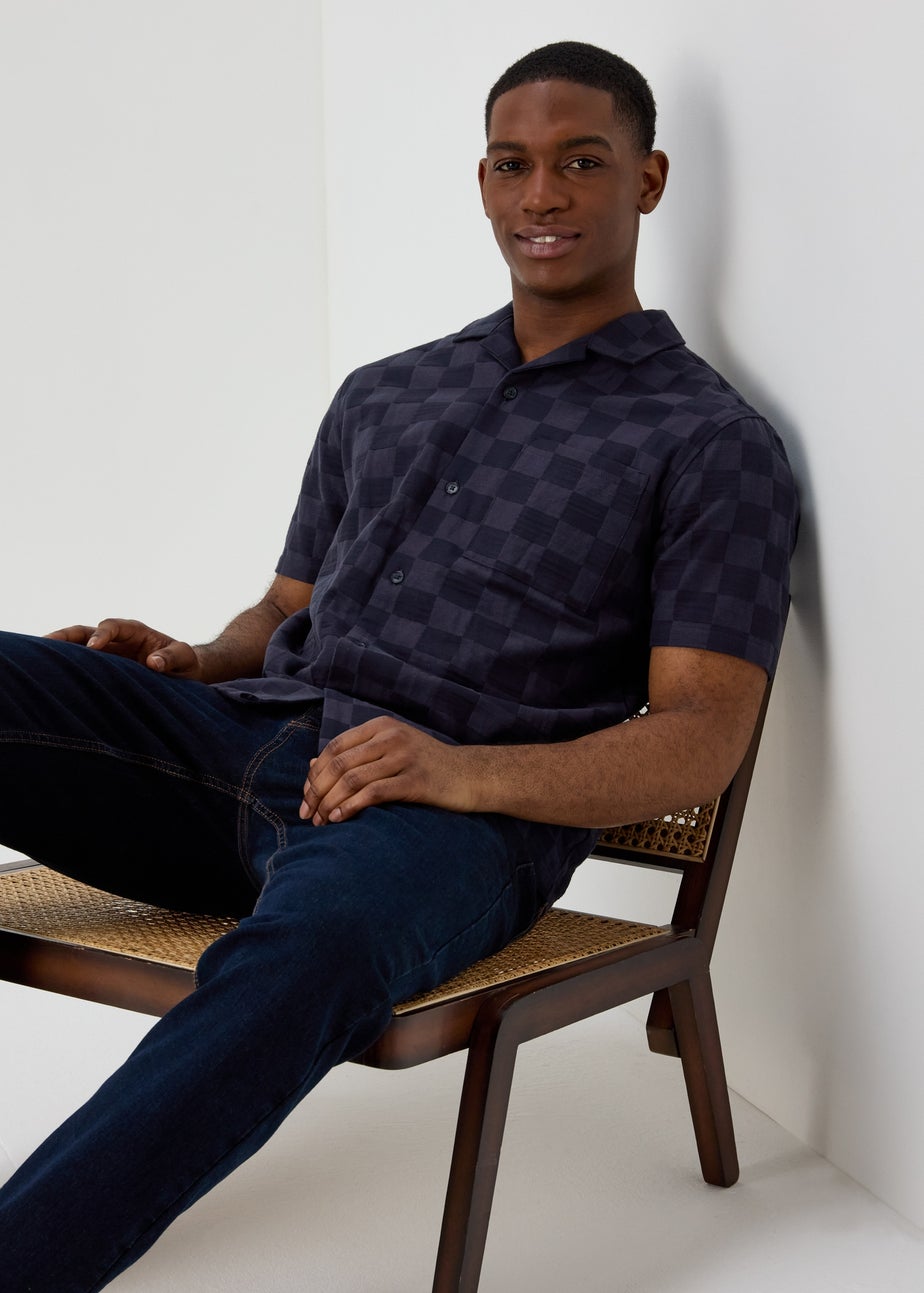 Blue Checkboard Texture Short Sleeve Shirt