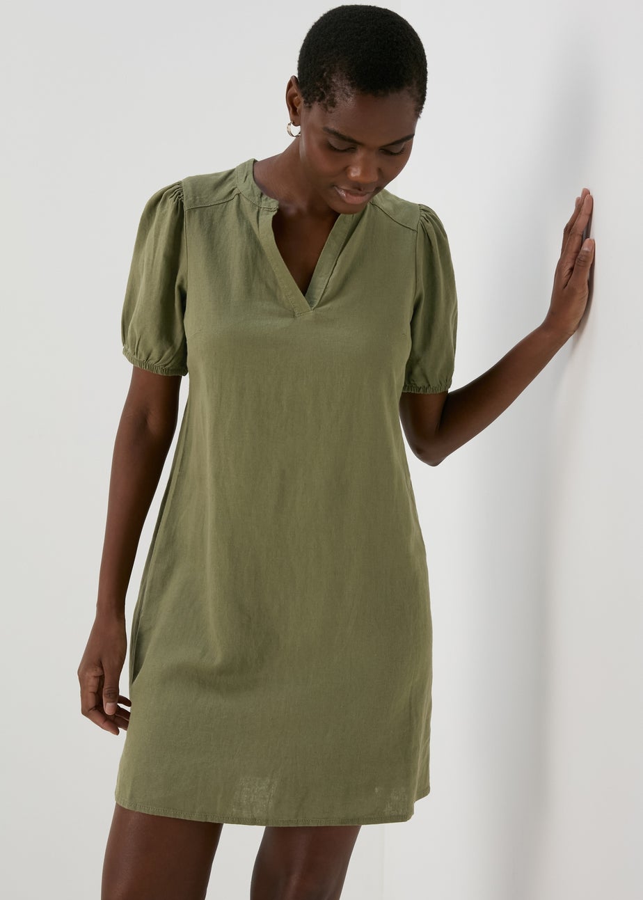 Khaki Solid Basic Linen Mini Dress