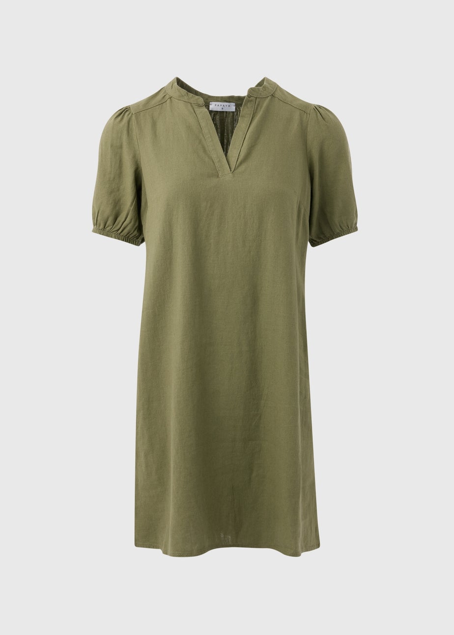 Khaki Solid Basic Linen Mini Dress