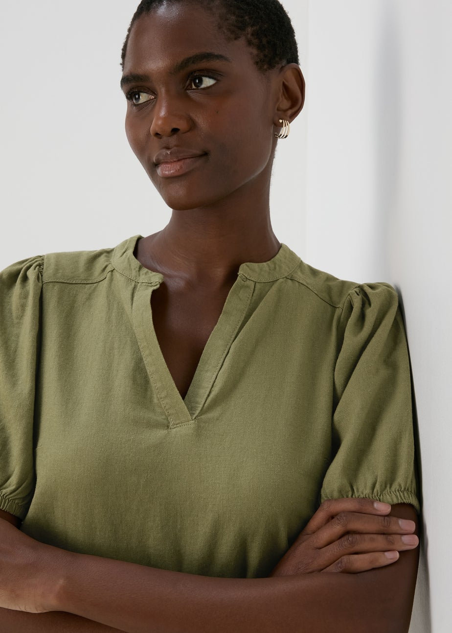 Khaki Solid Basic Linen Mini Dress