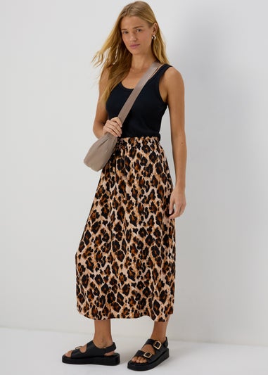 Brown Leopard Print Midi Skirt