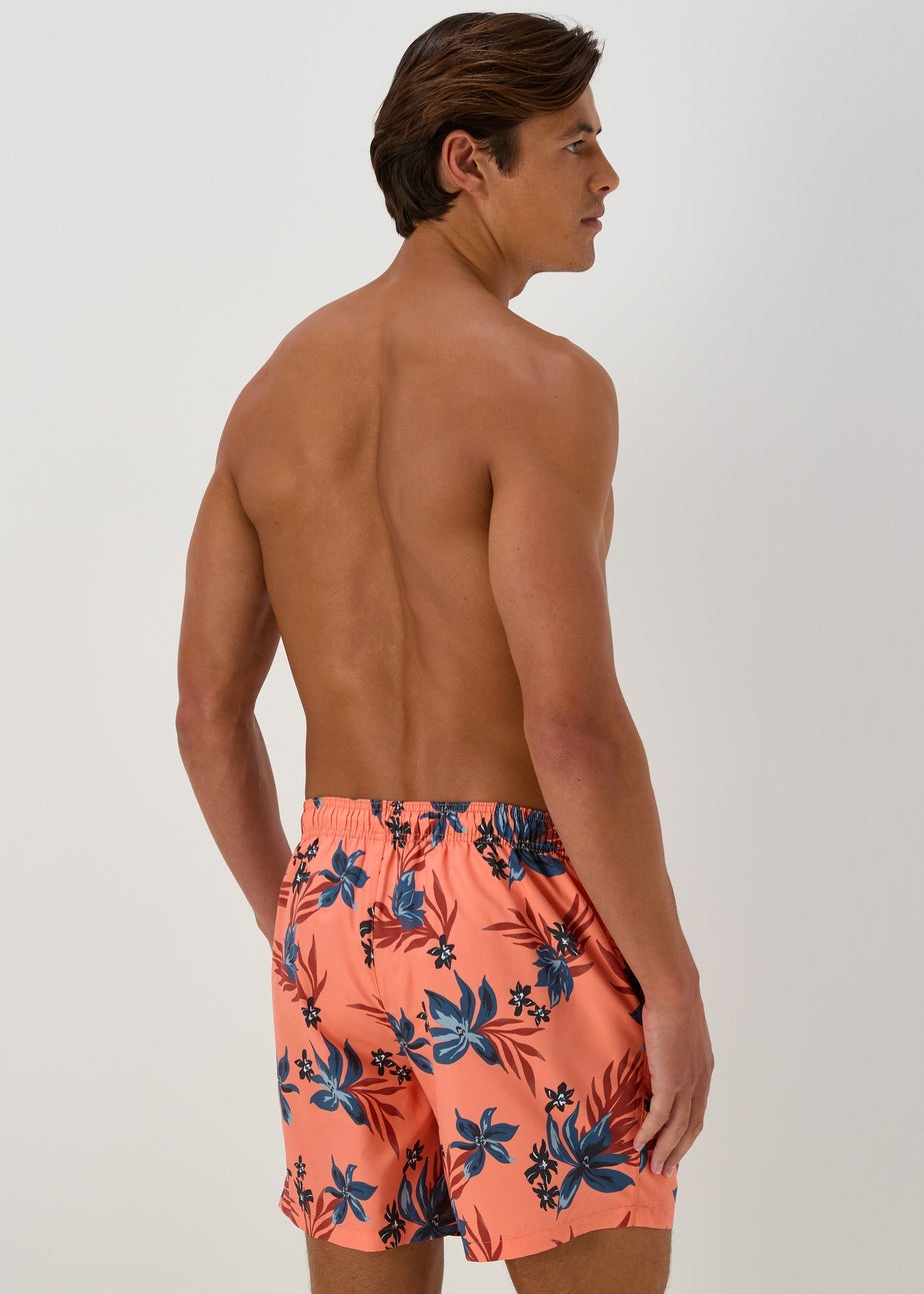 Orange Floral Print Swim Shorts
