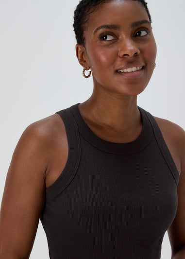 Black Plain High Neck Ribbed Vest