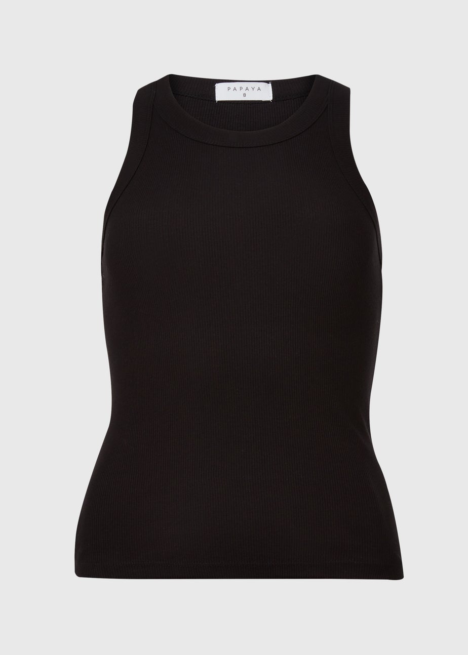 Black Plain High Neck Ribbed Vest