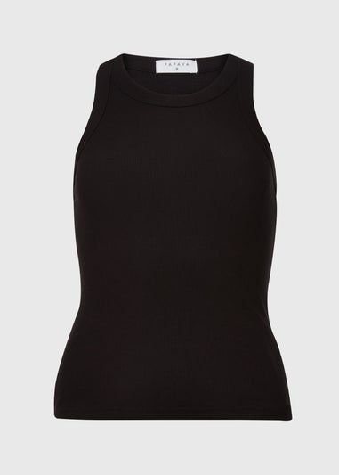Black Plain High Neck Ribbed Vest