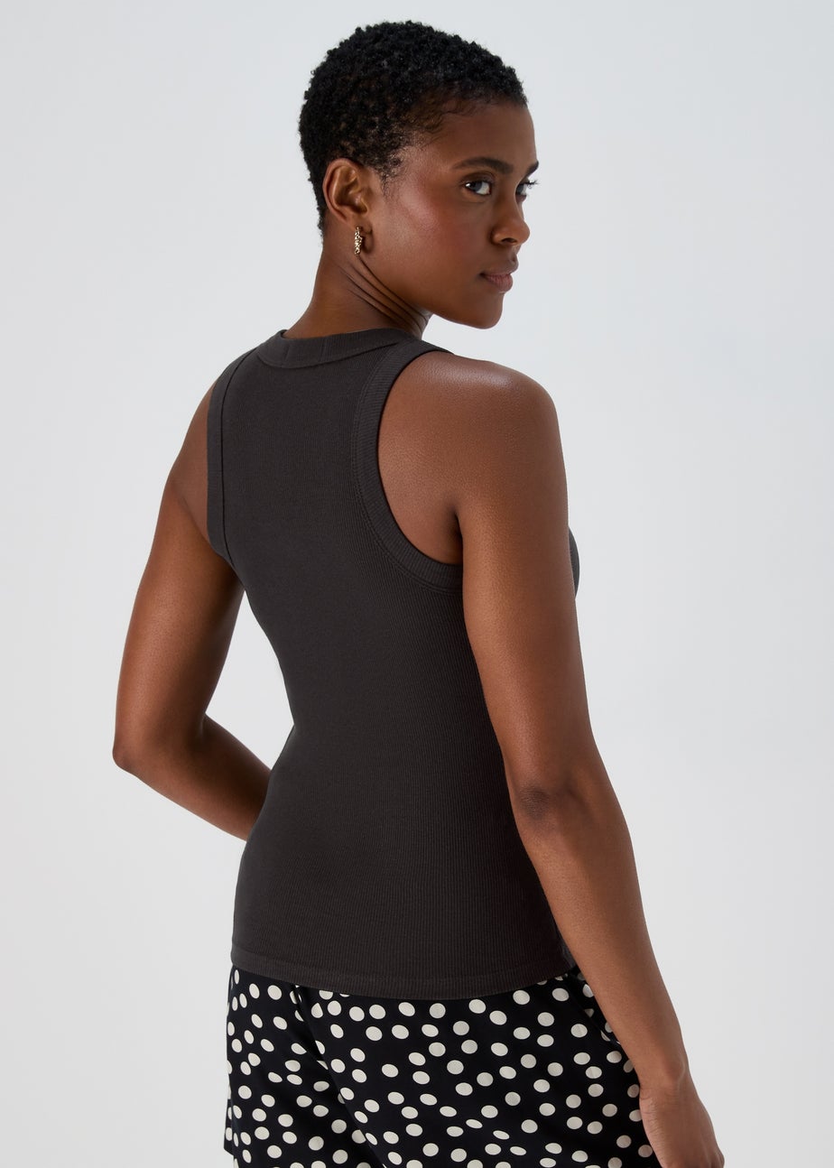 Black Plain High Neck Ribbed Vest