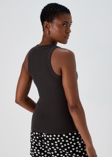 Black Plain High Neck Ribbed Vest