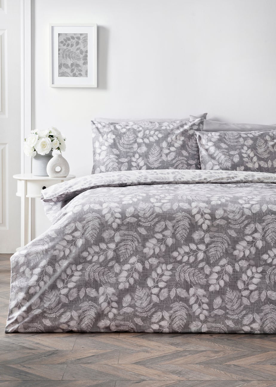 Grey Sketchy Leaf Print Duvet Set