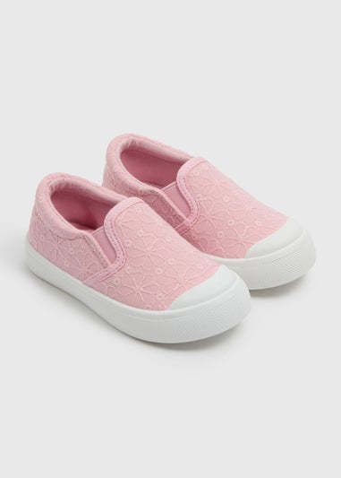 Pink Girls Broderie Slip On Canvas Pumps (4-12 Infants)