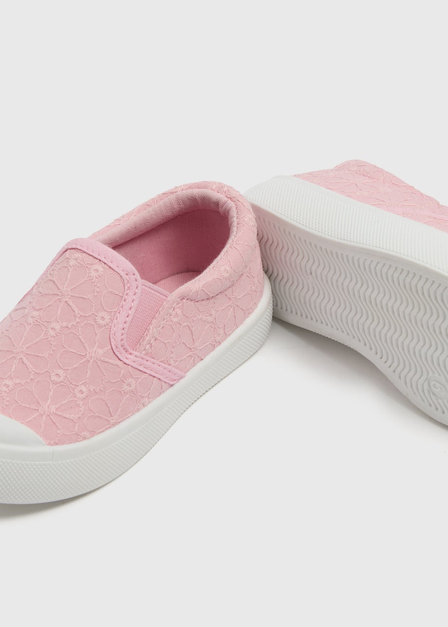 Pink Girls Broderie Slip On Canvas Pumps (4-12 Infants)