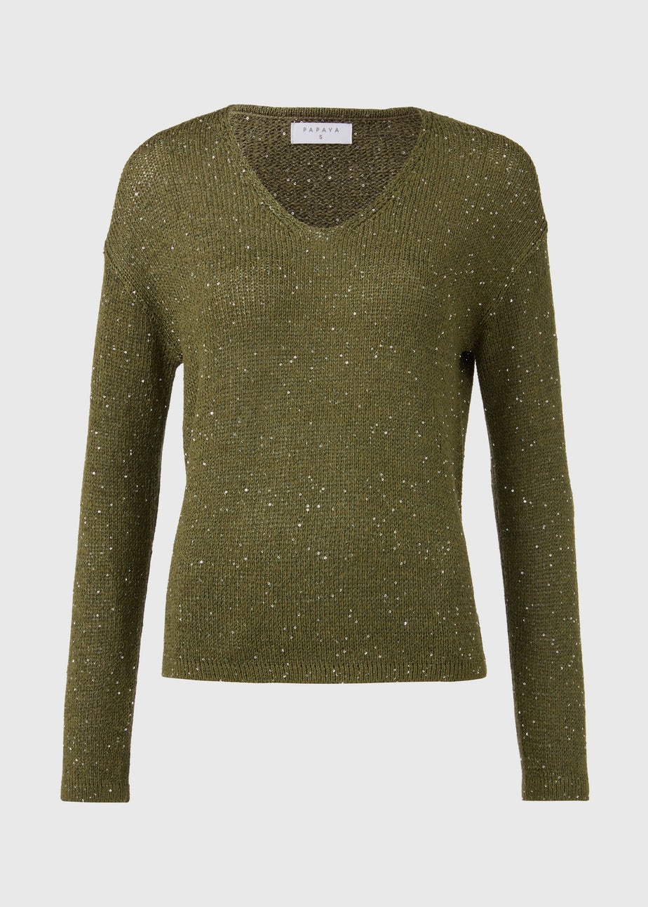 Khaki Sparkle V Neck Jumper
