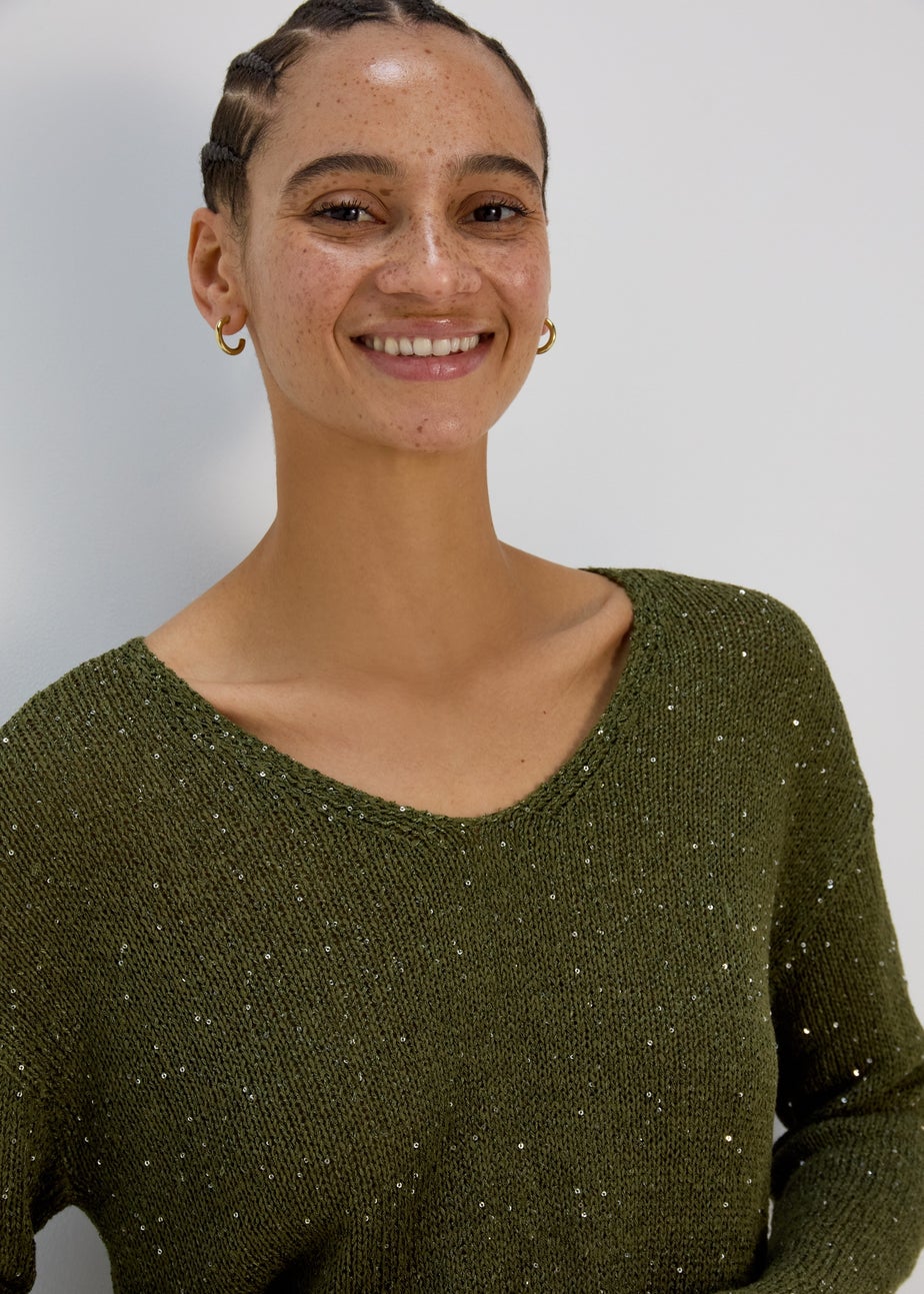 Khaki Sparkle V Neck Jumper