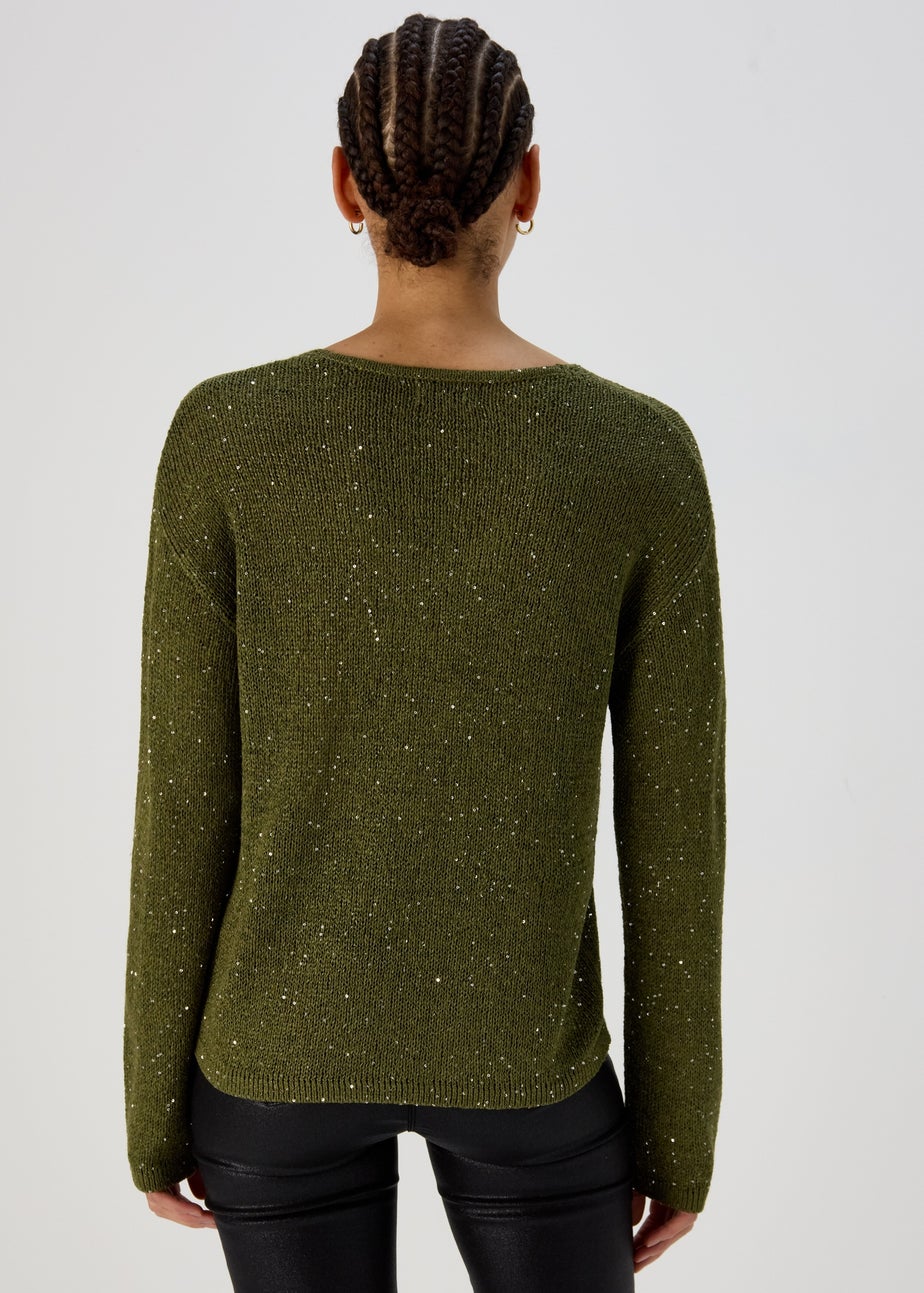 Khaki Sparkle V Neck Jumper