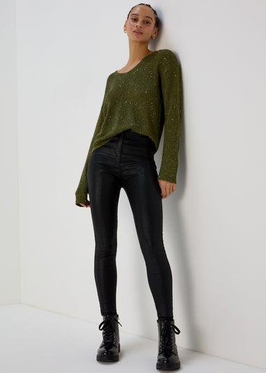 Khaki Sparkle V Neck Jumper