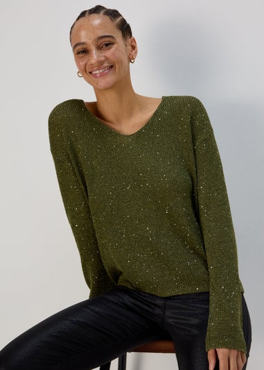 Khaki Sparkle V Neck Jumper
