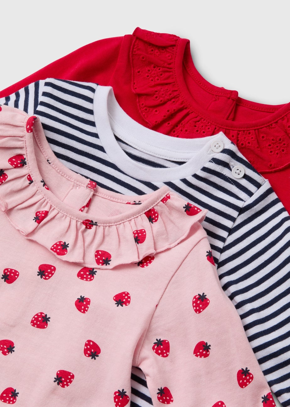 3 Pack Girls Red Strawberry Long Sleeve Tops (Newborn-23mths)