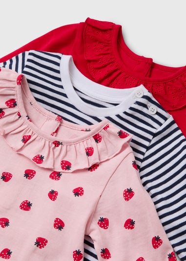 3 Pack Girls Red Strawberry Long Sleeve Tops (Newborn-23mths)