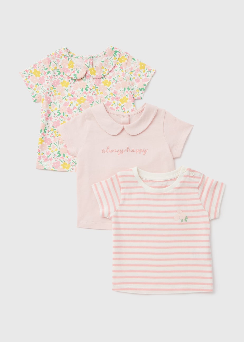 Baby 3 Pack Girls Pink Floral T-Shirt (Newborn- 23mths)