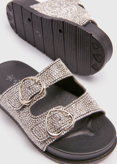 Girls Black Diamante Buckle Sliders (Younger 10-Older 5)