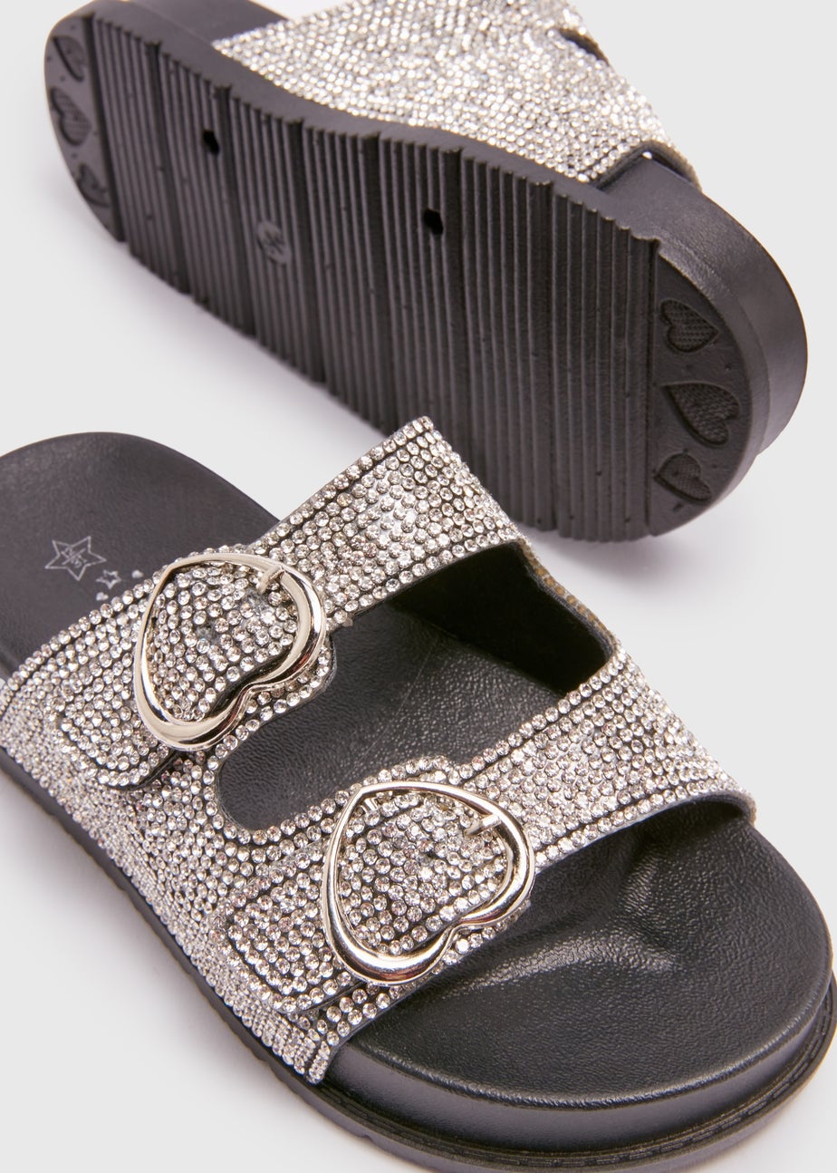 Girls Black Diamante Buckle Sliders (Younger 10-Older 5)