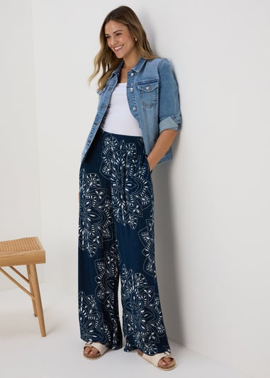 Blue Tile Print Wide Leg Viscose Trousers