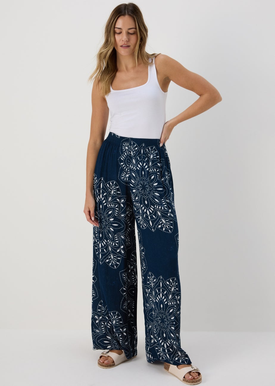 Blue Tile Print Wide Leg Viscose Trousers