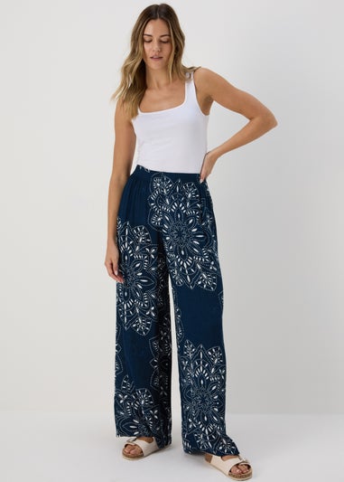 Blue Tile Print Wide Leg Viscose Trousers
