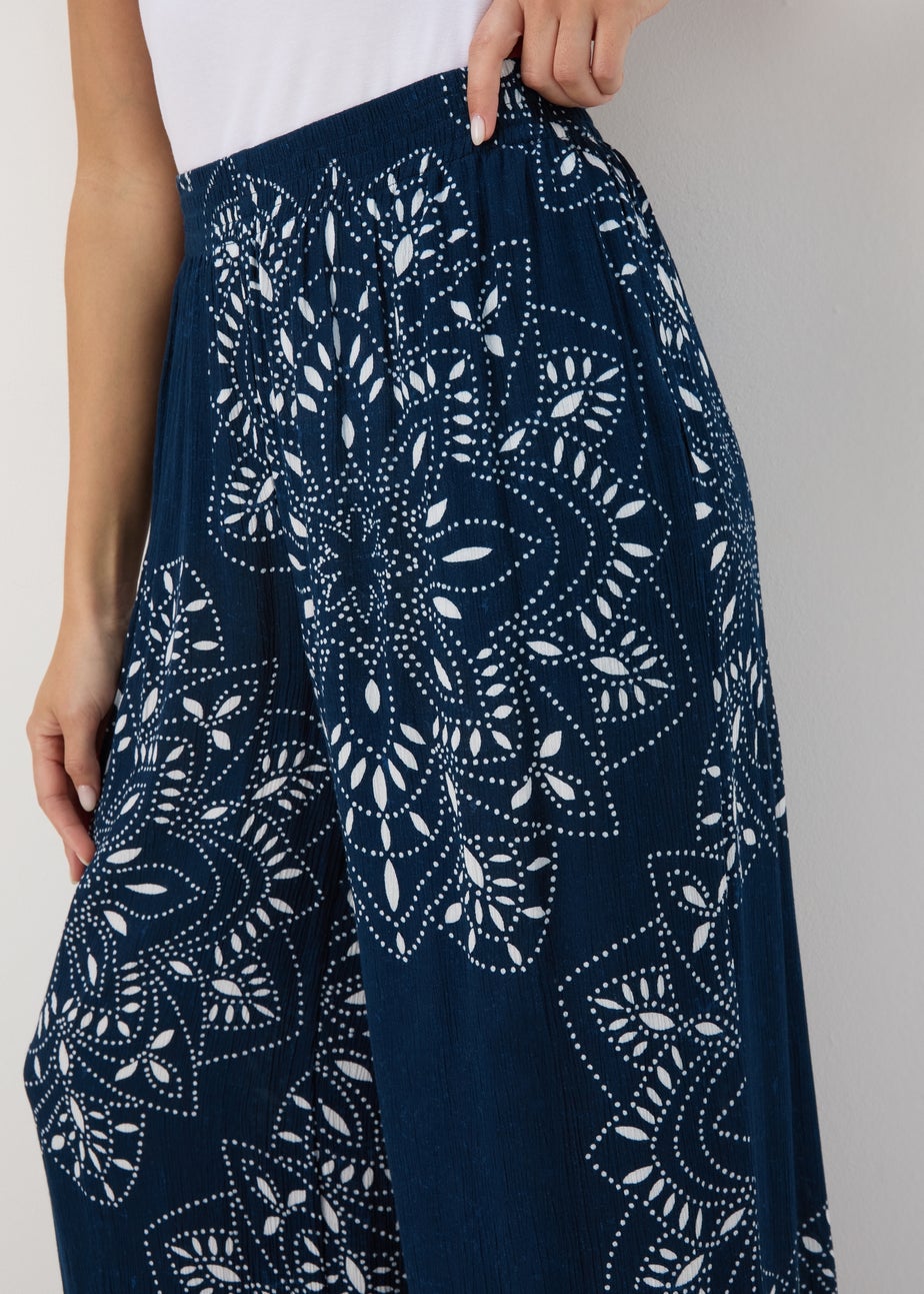 Blue Tile Print Wide Leg Viscose Trousers