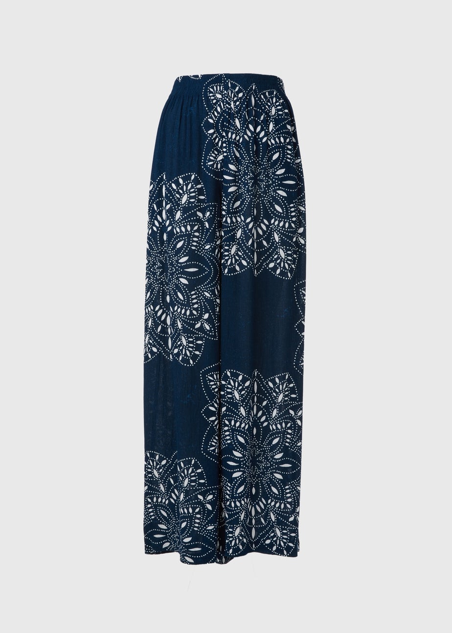 Blue Tile Print Wide Leg Viscose Trousers
