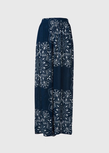 Blue Tile Print Wide Leg Viscose Trousers