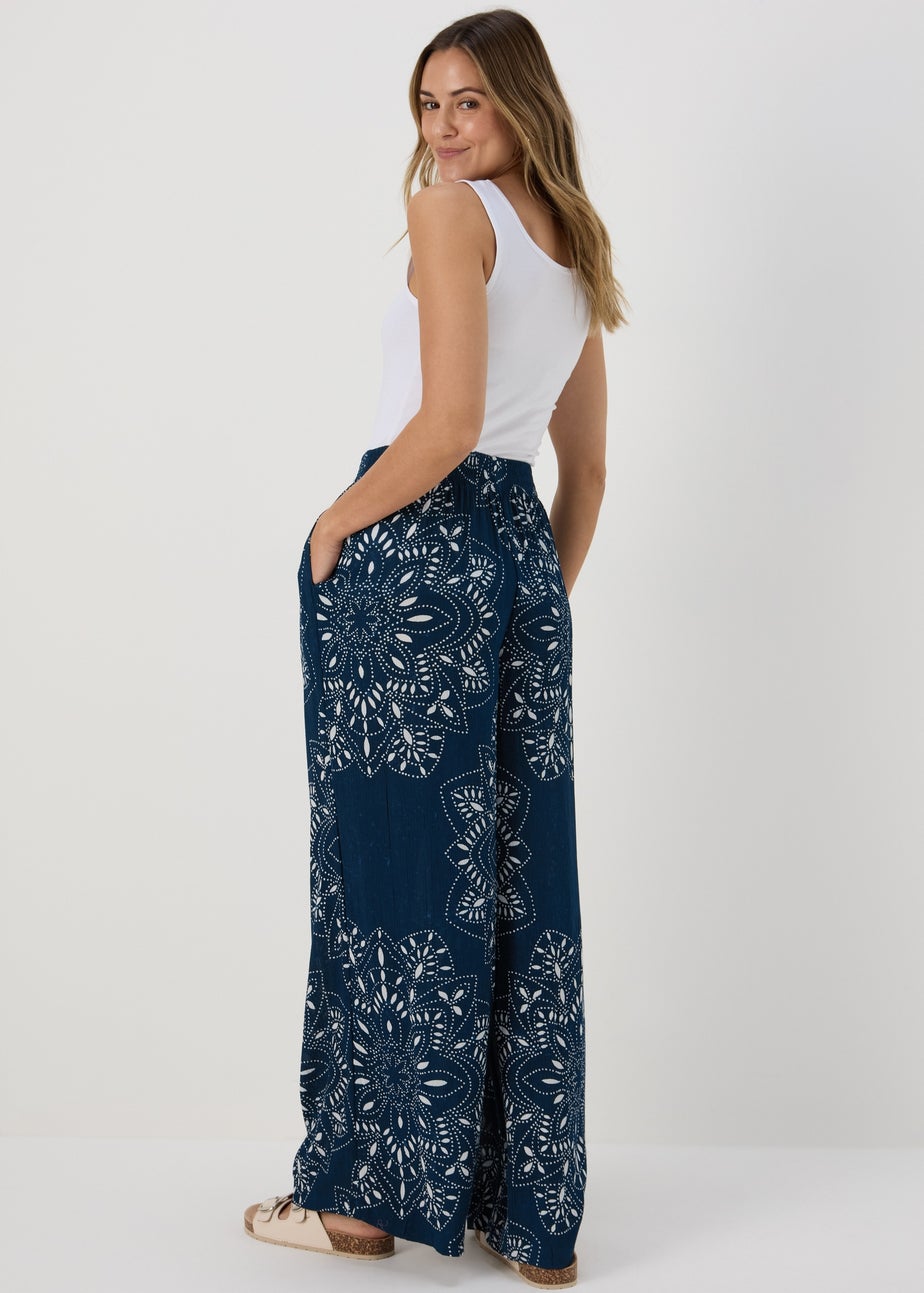 Blue Tile Print Wide Leg Viscose Trousers