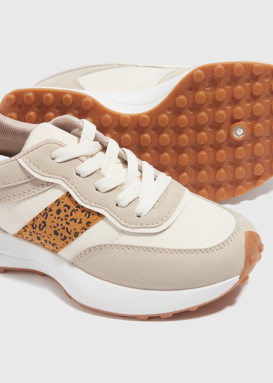 Girls Beige Leopard Detail Lace Up Trainers (Younger 10-Older 5)