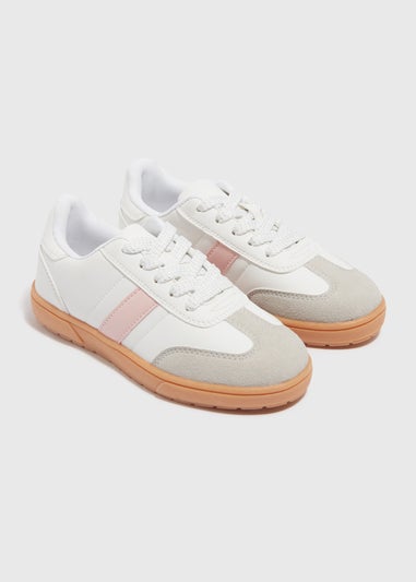 Girls White Panel PU Lace Up Trainers (Younger 10-Older 5)