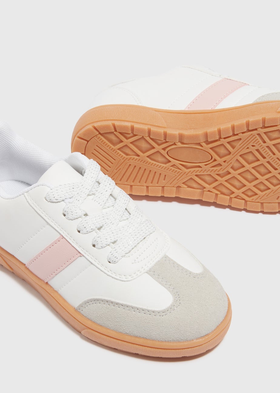 Girls White Panel PU Lace Up Trainers (Younger 10-Older 5)