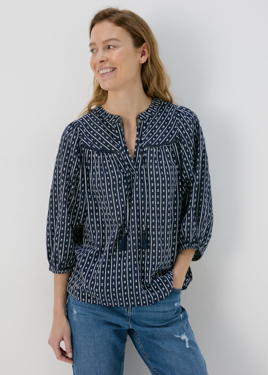 Navy Dobby Blouse Top