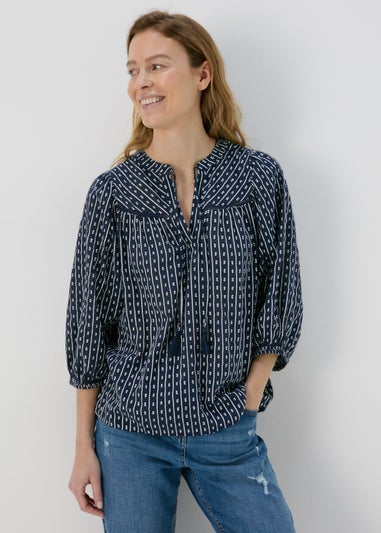 Navy Dobby Blouse Top