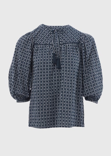Navy Dobby Blouse Top