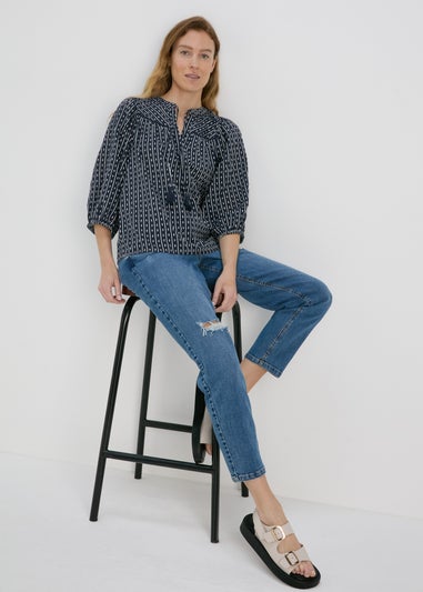 Navy Dobby Blouse Top