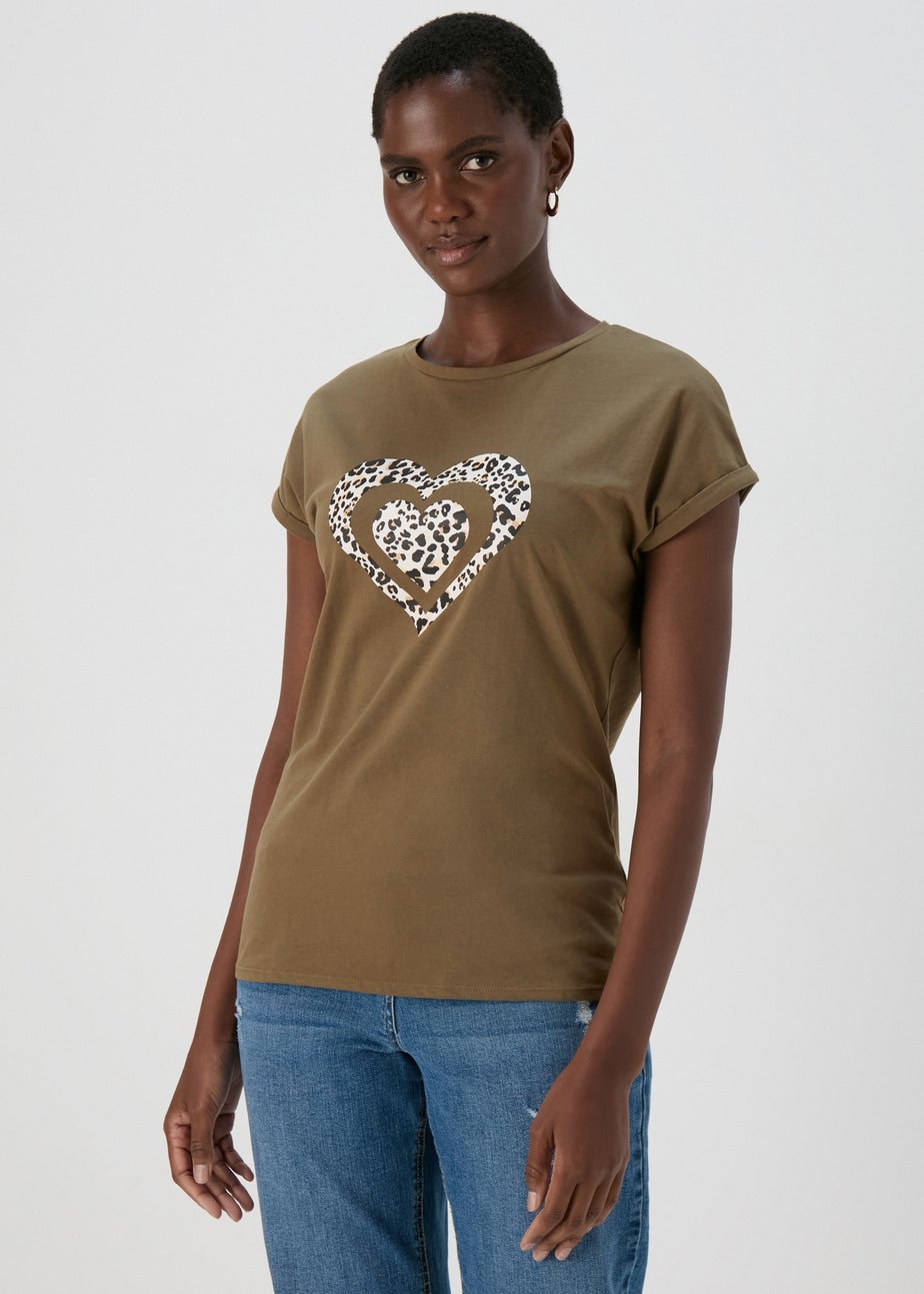 Khaki Heart Slogan T-Shirt